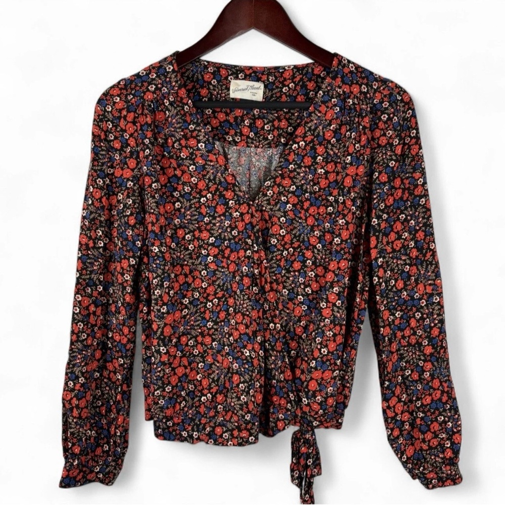Women's Floral Bohemian boho Cottagecore Wrap Bow Prairie Blouse Shirt Size XS